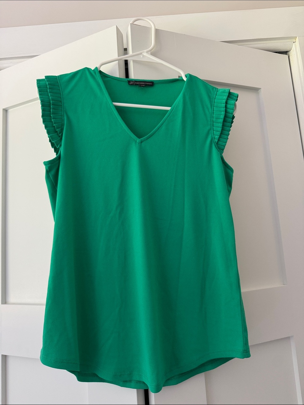 Adrianna Papell Emerald Green V-Neck Tank with Pleated Cap Sleeves
